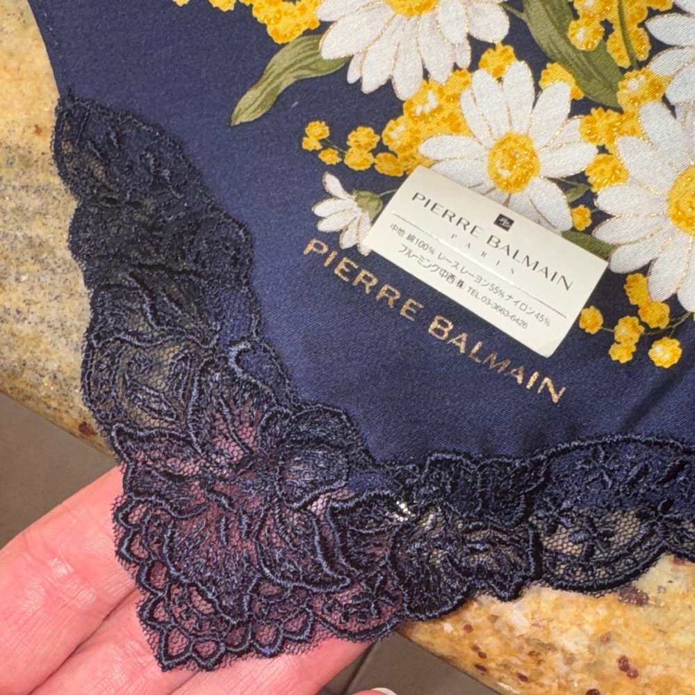 Pierre Balmain Floral Scarf in Navy with Yellow and Pink - Picture 6 of 7